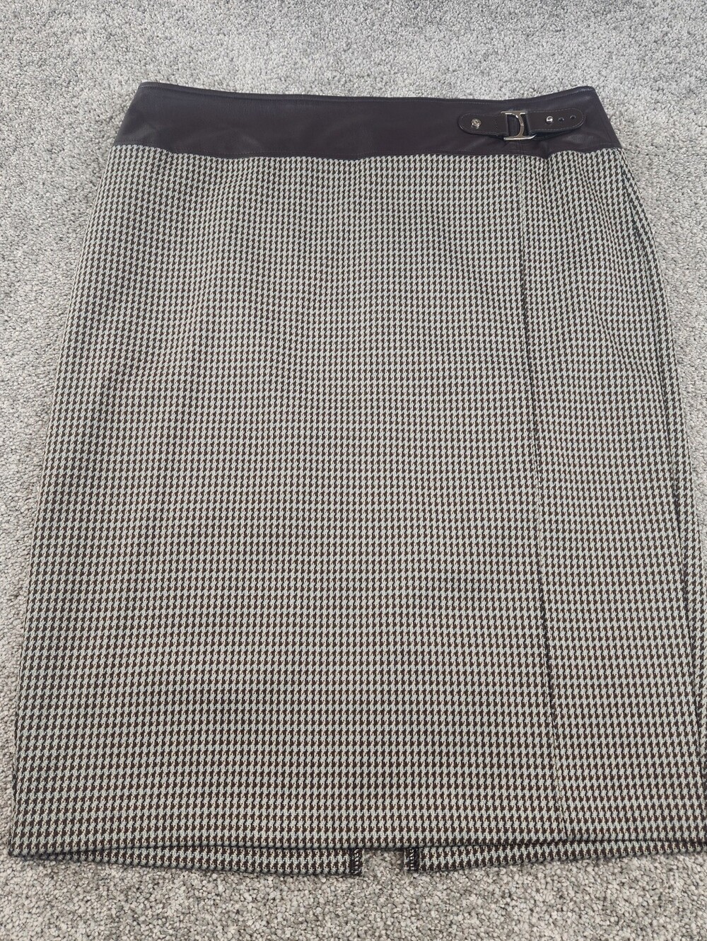 Lauren Ralph Lauren Houndstooth Pencil Skirt Brown Faux Leather Trim Size 14